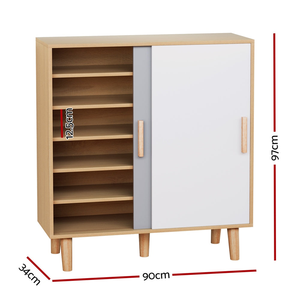 Oak sliding door shoe cabinet one door open showing 97cm height 90cm width 34cm depth with 12.5cm shelf spacing