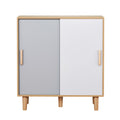 Oak sliding door shoe cabinet front view closed on white background