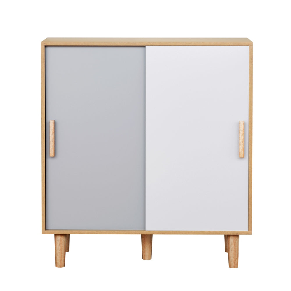 Oak sliding door shoe cabinet front view closed on white background
