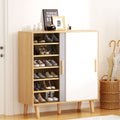 Oak sliding door shoe cabinet open with shoes on shelves and decorative items on top in hallway