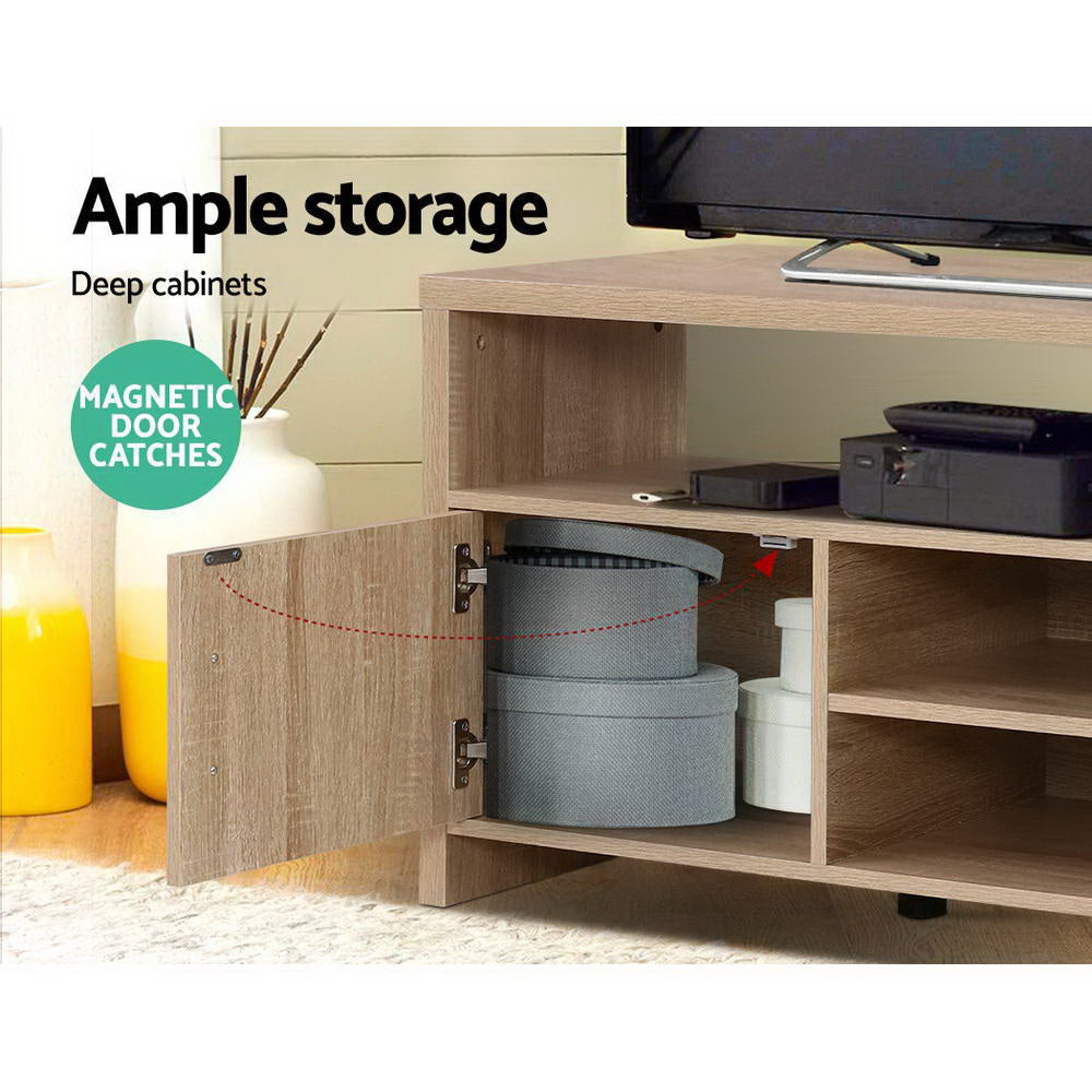Oak TV stand 140cm ample storage with magnetic door catches and grey white storage boxes inside