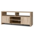Oak TV stand 140cm angle view on white background with two side doors silver handles and upper open shelf