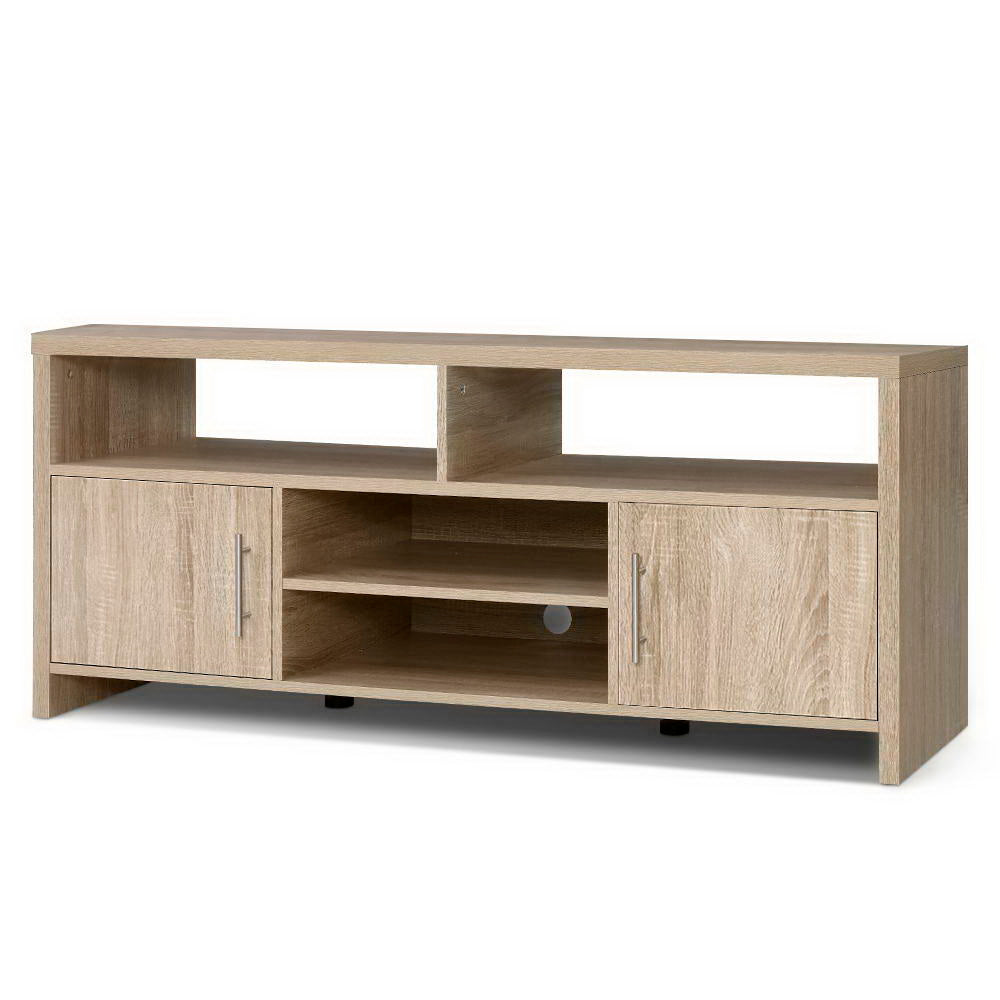 Oak TV stand 140cm angle view on white background with two side doors silver handles and upper open shelf