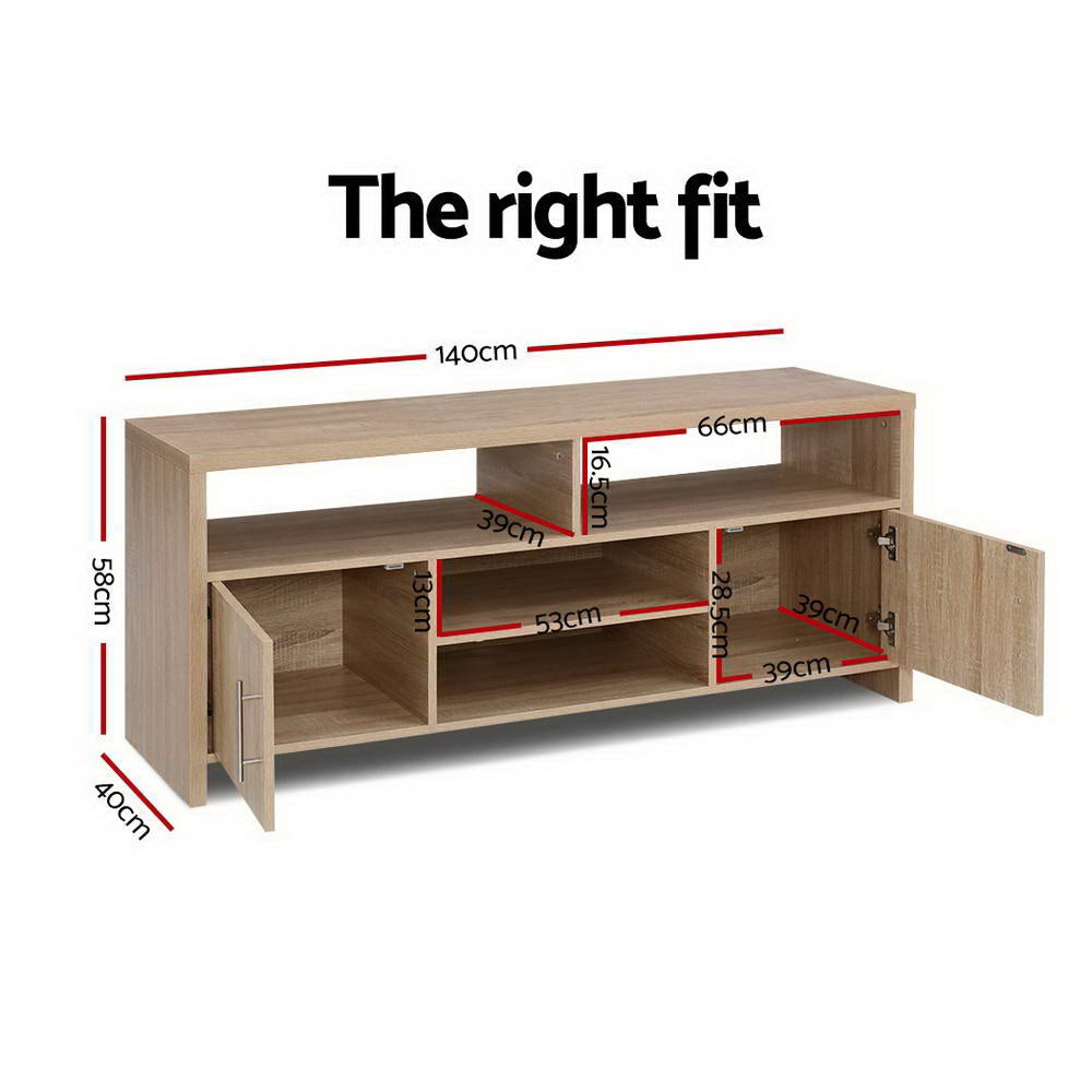 Oak TV stand 140cm dimension diagram 140x58x40cm showing cabinet and shelf internal measurements
