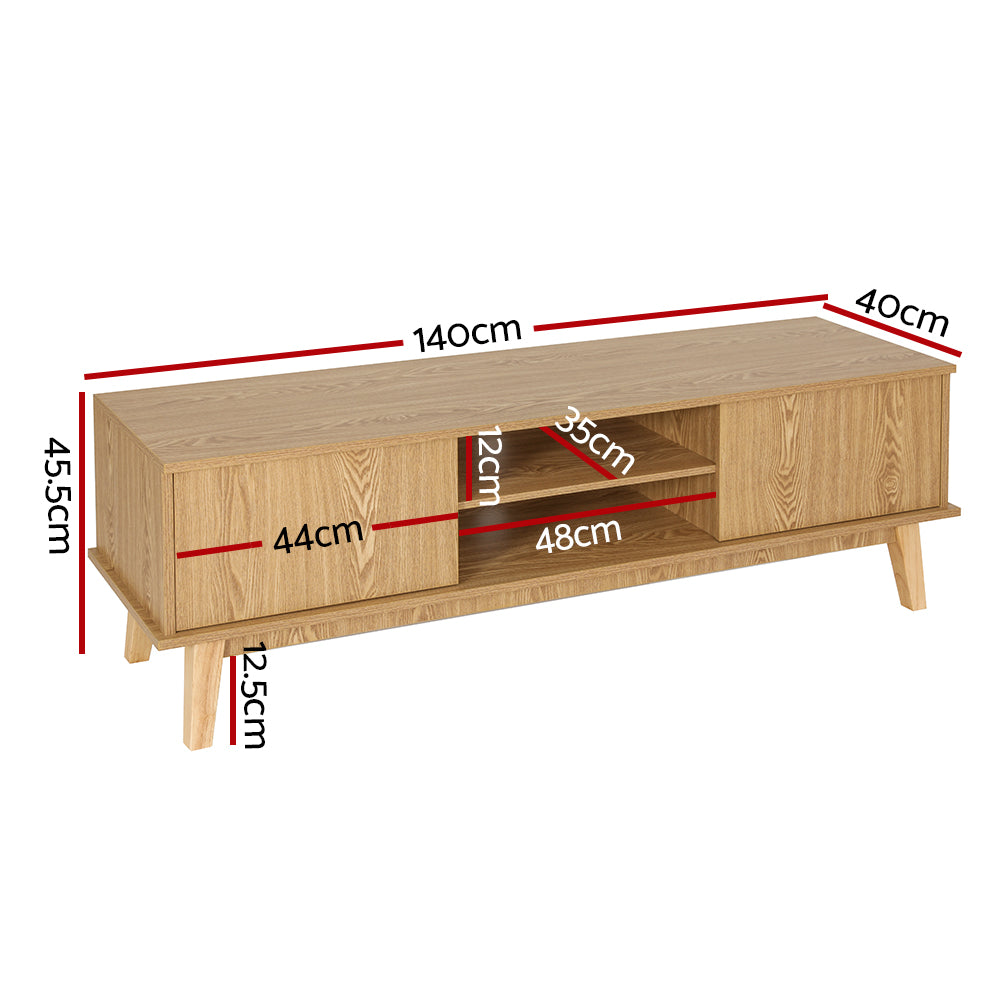 Oak TV stand dimension diagram showing 140cm width 40cm depth 45.5cm height with shelf clearances