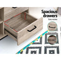 Oak TV stand 140cm drawer open 29x29x10cm with black metal handles and anti-rust metal runners