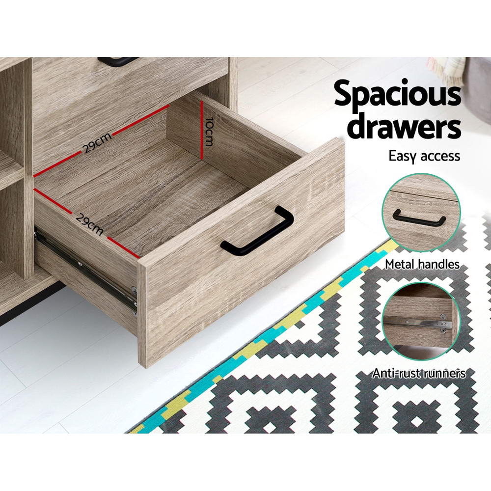 Oak TV stand 140cm drawer open 29x29x10cm with black metal handles and anti-rust metal runners