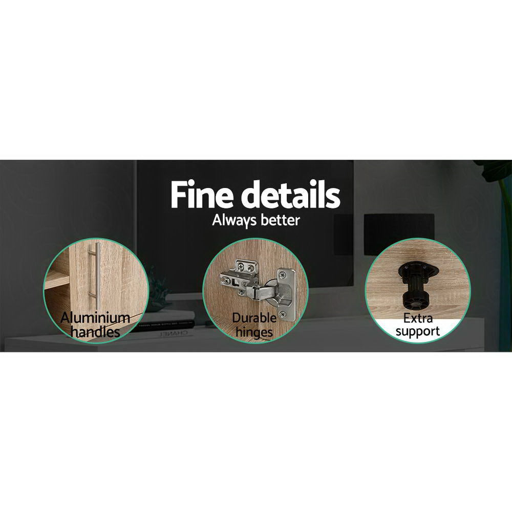 Oak TV stand 140cm fine details showing aluminium handles durable hinges and extra leg support foot