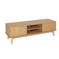 Oak 140cm TV stand with two side cabinet doors and centre open shelves on angled wooden legs
