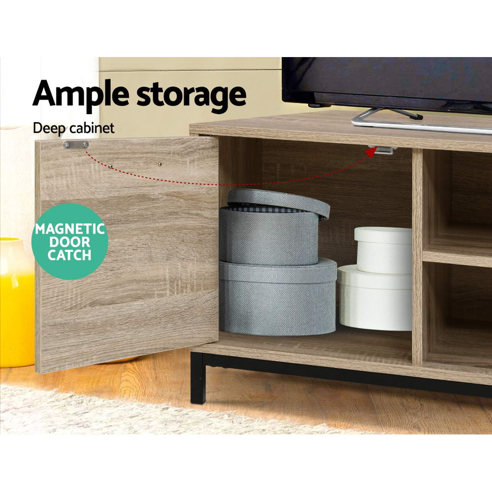 Oak TV stand 140cm cabinet open with magnetic door catch callout and grey storage boxes inside