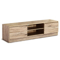 Oak TV stand 160cm angle view on white background with two side push-open bays and center open shelves