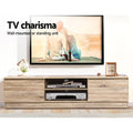 Oak TV stand 160cm TV charisma lifestyle with disc player fish picture and vase on open shelves