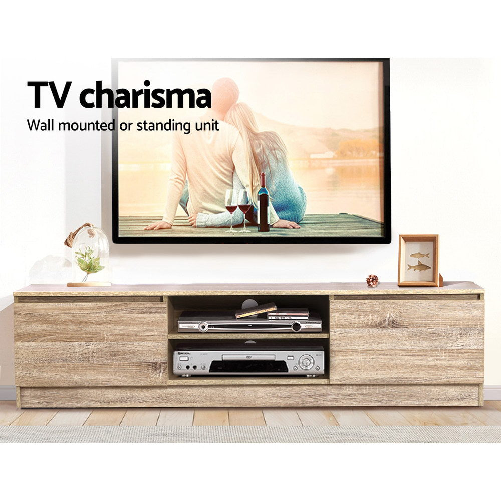 Oak TV stand 160cm TV charisma lifestyle with disc player fish picture and vase on open shelves
