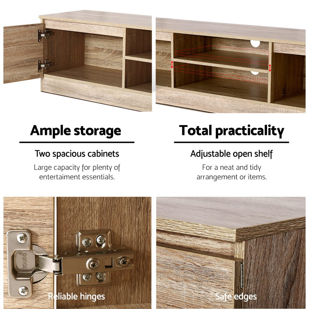 Oak TV stand 160cm features ample storage adjustable shelf reliable hinges and safe edges callout panels