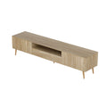 Oak 200cm TV stand three-quarter angle view showing surface top and side cabinet door on white background
