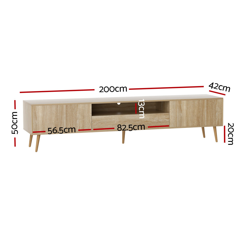 Oak TV stand dimension diagram showing 200cm width 42cm depth 50cm height with 56.5cm cabinet width