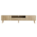 Oak 200cm TV stand front view with two side cabinet doors and centre drop-down drawer on angled legs