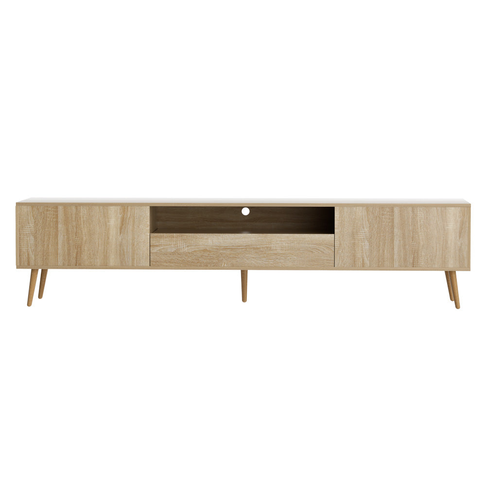 Oak 200cm TV stand front view with two side cabinet doors and centre drop-down drawer on angled legs