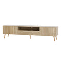 Oak 200cm TV unit on white background angled view 1 door each side open centre shelf with cable hole and drawer