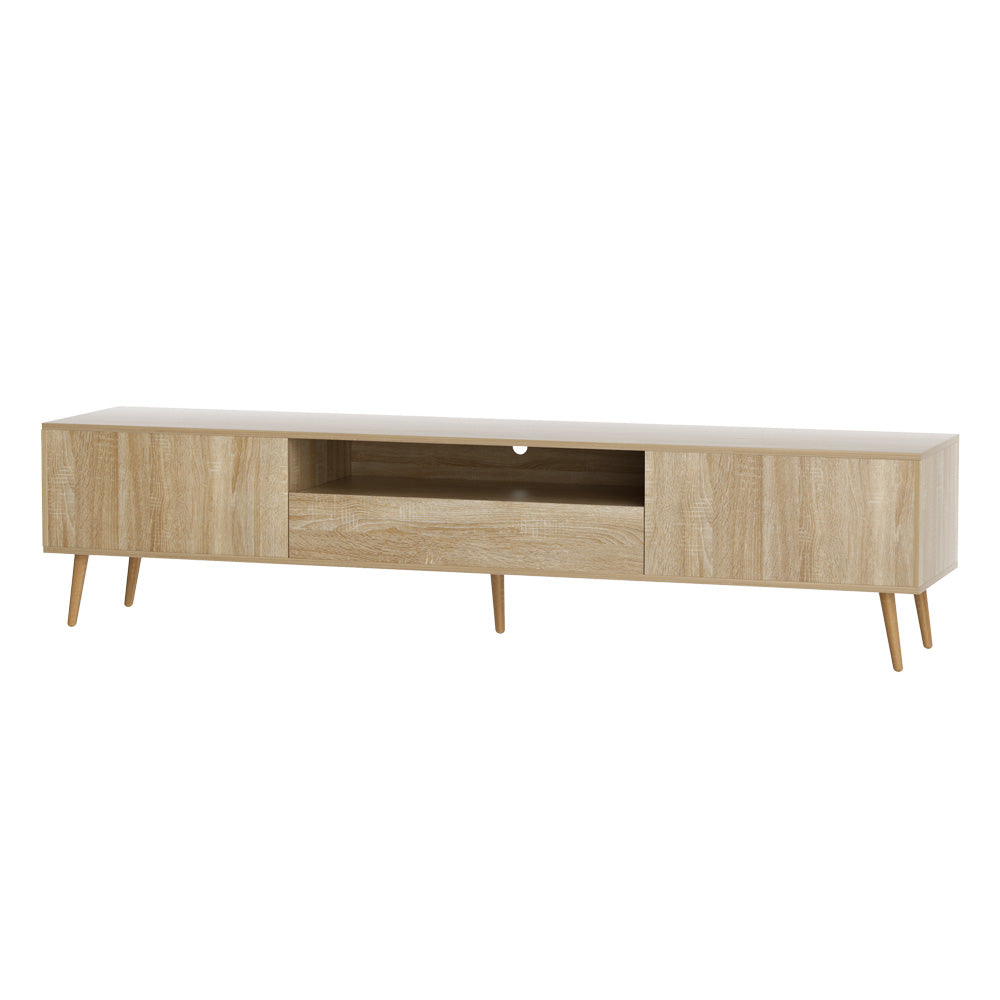 Oak 200cm TV unit on white background angled view 1 door each side open centre shelf with cable hole and drawer