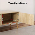 Oak TV unit side cabinet door open showing interior dimensions 55cm wide 38cm deep 26cm tall with hinges