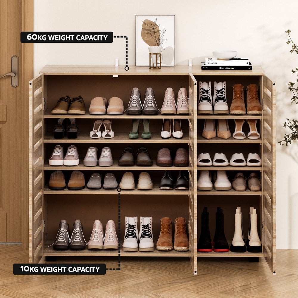Oak slatted shoe cabinet open showing loaded shelves with weight capacity labels: 60kg top, 10kg per shelf