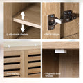 Oak slatted shoe cabinet feature callouts: 3 adjustable shelves, metal hinges, anti-tip kits, magnetic door fittings