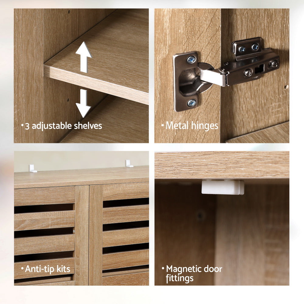 Oak slatted shoe cabinet feature callouts: 3 adjustable shelves, metal hinges, anti-tip kits, magnetic door fittings