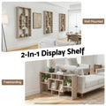 Oak display shelf shown in two configurations: wall mounted units in row and freestanding on floor, text 2-In-1 Display Shelf