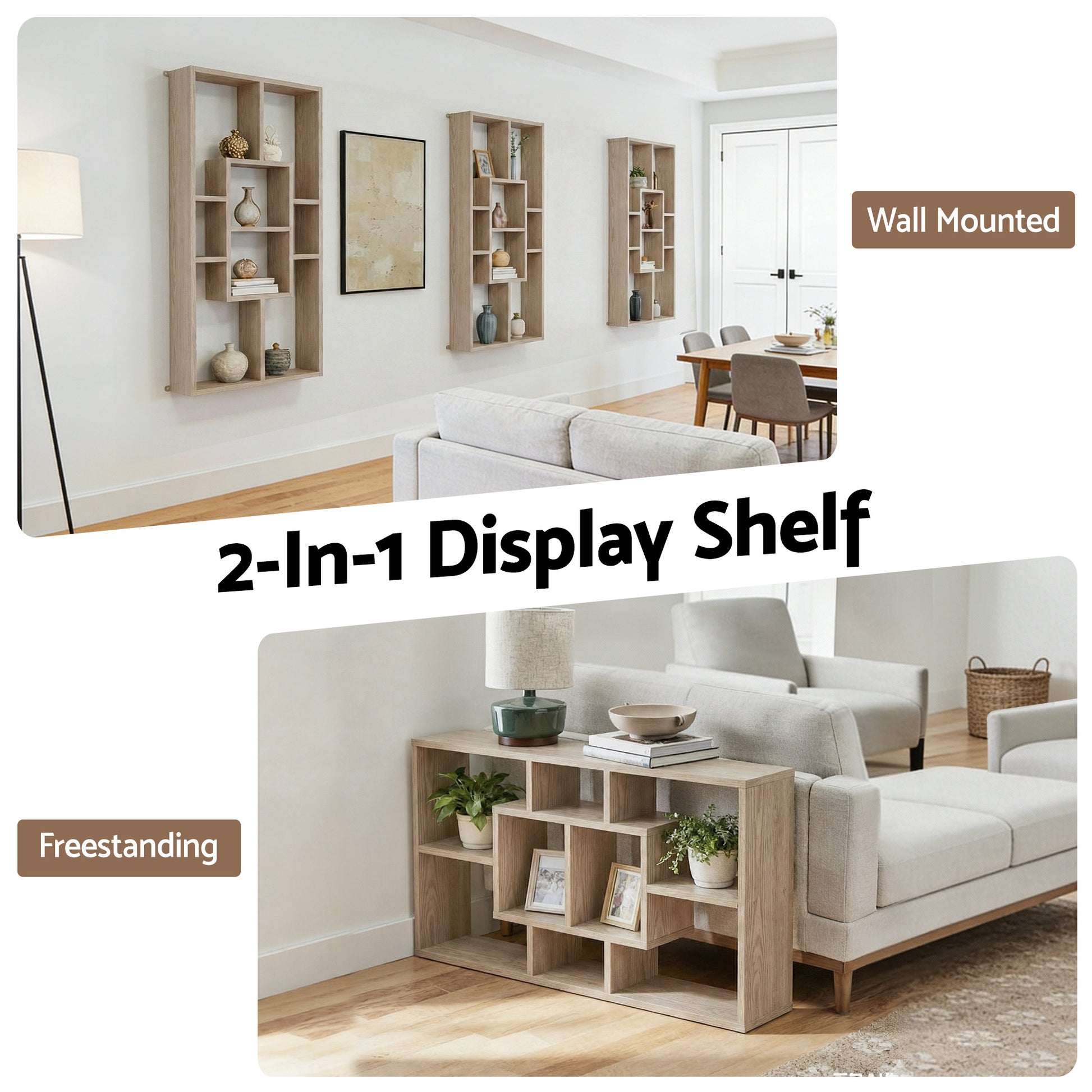 Oak display shelf shown in two configurations: wall mounted units in row and freestanding on floor, text 2-In-1 Display Shelf