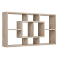 Natural oak wall-mounted display shelf with raised central section and asymmetric compartments, angle view on white background