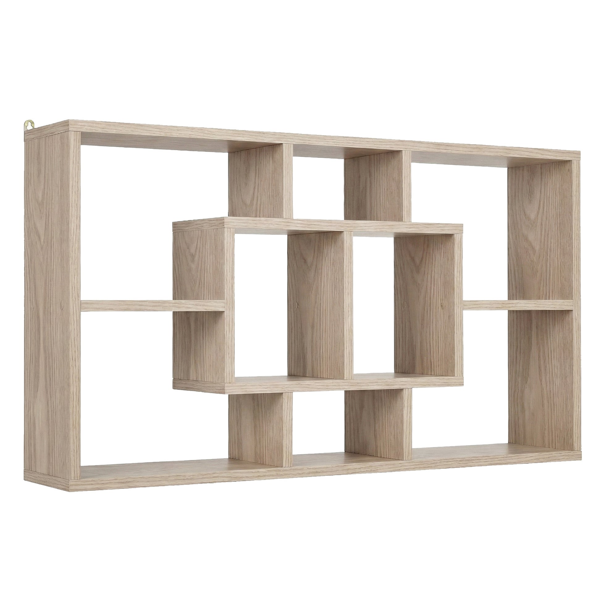 Natural oak wall-mounted display shelf with raised central section and asymmetric compartments, angle view on white background