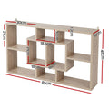 Oak wall-mounted display shelf dimensions diagram showing 85cm width, 48cm height and multiple compartment sizes