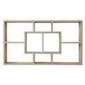 Natural oak wall-mounted display shelf with asymmetric grid compartments, front view on white background, empty