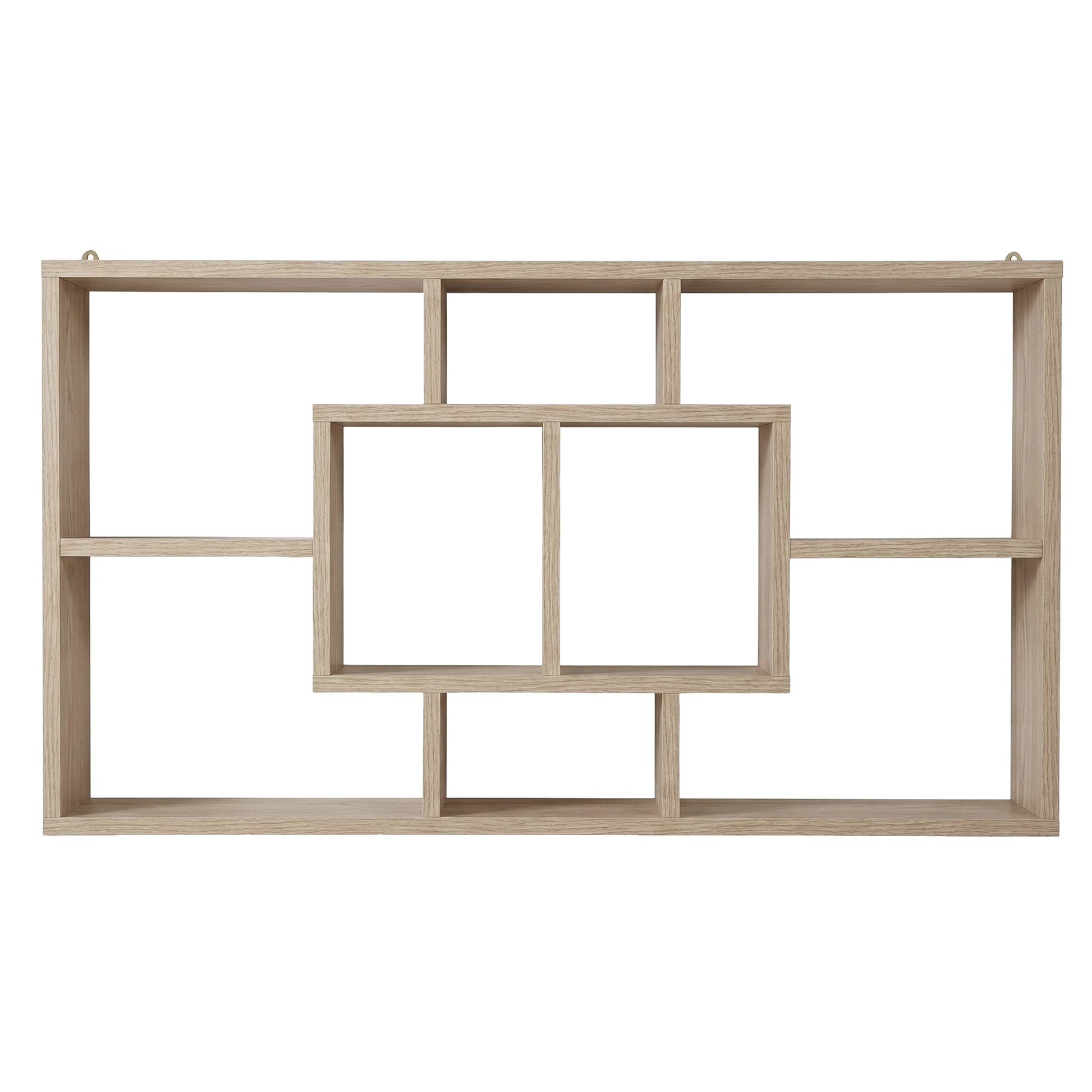 Natural oak wall-mounted display shelf with asymmetric grid compartments, front view on white background, empty