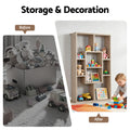 Oak wall display shelf organizing toys in kids room, before and after comparison showing messy box versus tidy shelf