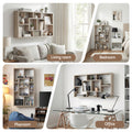 Oak wall display shelf shown in four settings: living room, bedroom, playroom and office