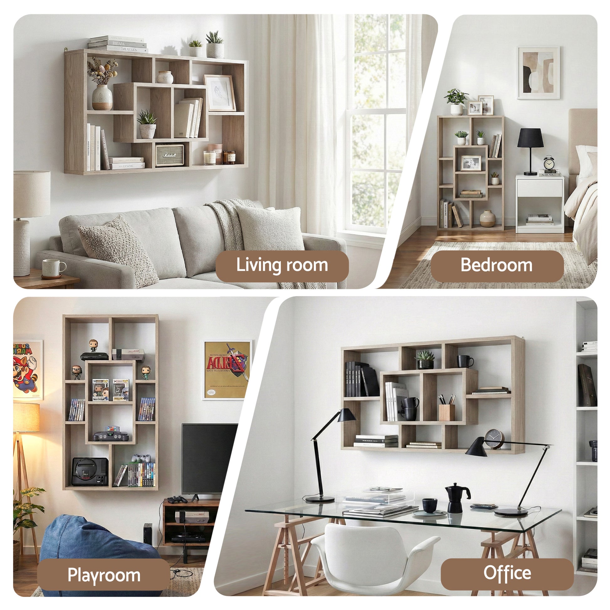 Oak wall display shelf shown in four settings: living room, bedroom, playroom and office