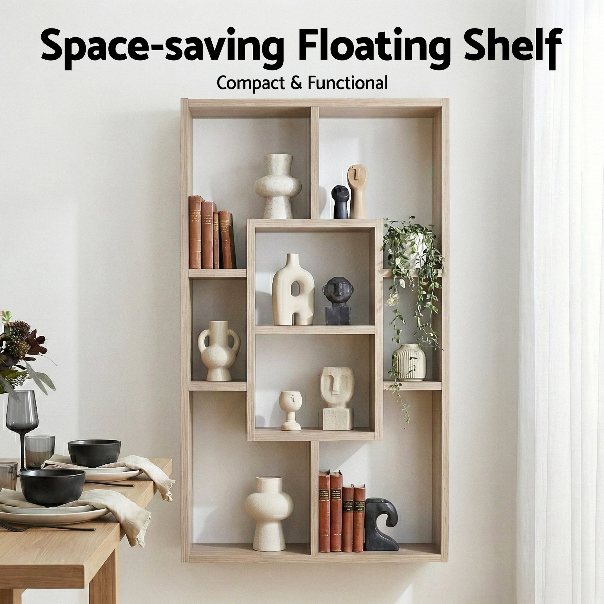 Oak wall display shelf in dining room with text Space-saving Floating Shelf, styled with sculptural ornaments and books