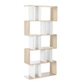 Oak and white S-shaped 5-tier display shelf with alternating staggered compartments on white background, angle view
