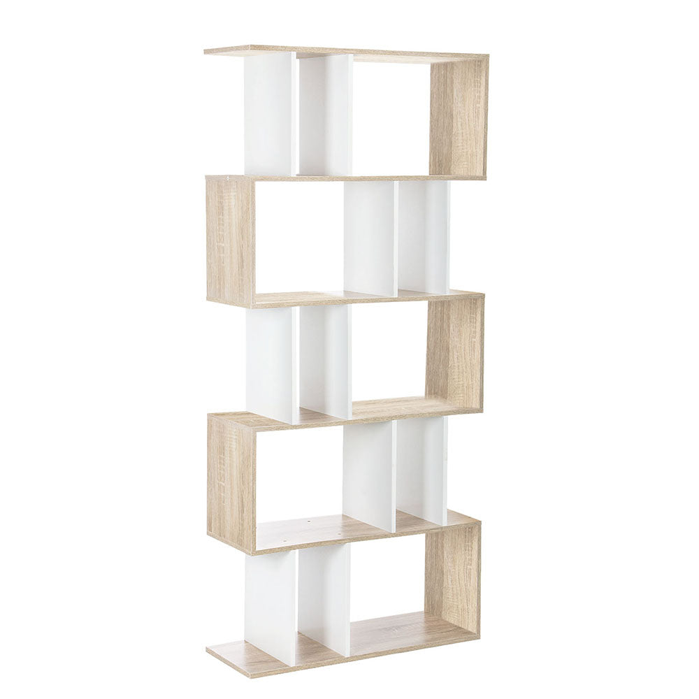 Oak and white S-shaped 5-tier display shelf with alternating staggered compartments on white background, angle view