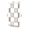 Oak and white S-shaped 5-tier shelf dimensions: 180cm tall, 80cm wide, 30cm deep, each tier 34.2cm high