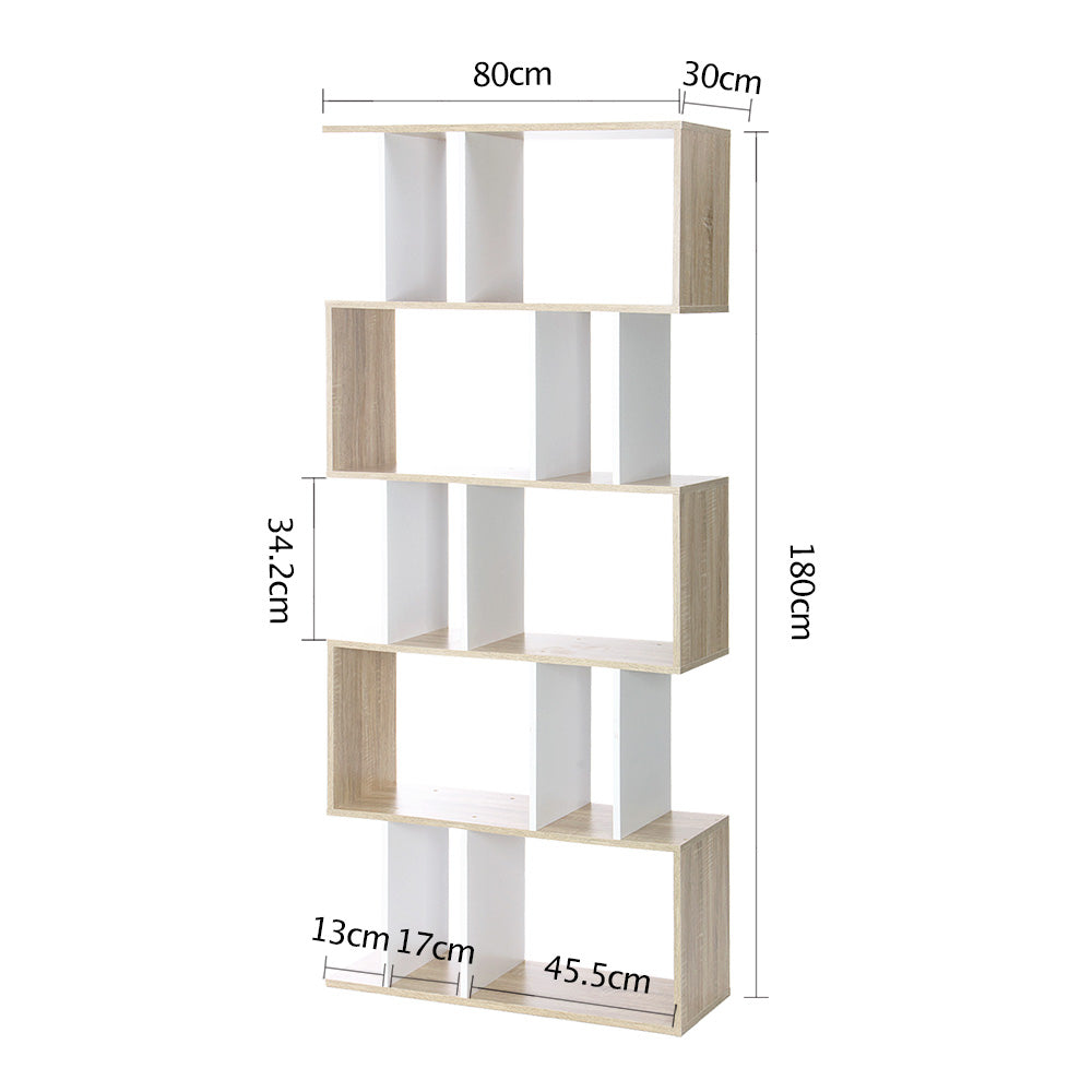 Oak and white S-shaped 5-tier shelf dimensions: 180cm tall, 80cm wide, 30cm deep, each tier 34.2cm high