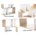 Detail panels of oak and white S-shaped shelf: thick edges, solid construction, stable base, and neat corner joints