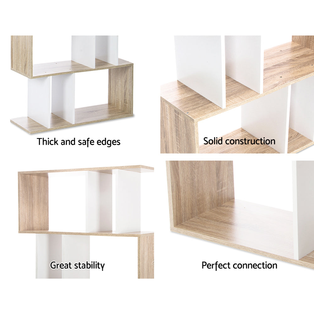 Detail panels of oak and white S-shaped shelf: thick edges, solid construction, stable base, and neat corner joints