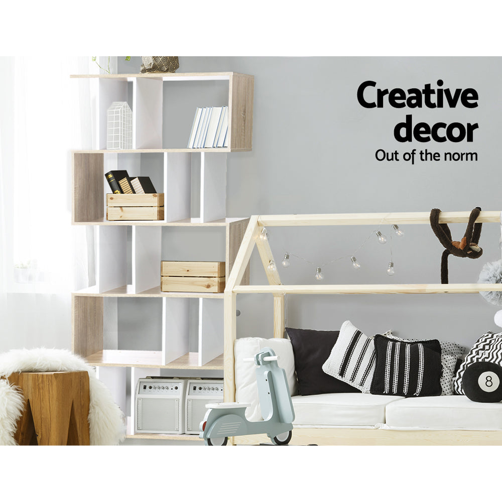 Oak and white S-shaped 5-tier shelf in Scandinavian kids room with books and wooden crates; text reads Creative decor