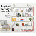 Oak and white S-shaped 5-tier shelf with books and plants showing dimensions 180cm tall, 80cm wide; holds 3kg per level