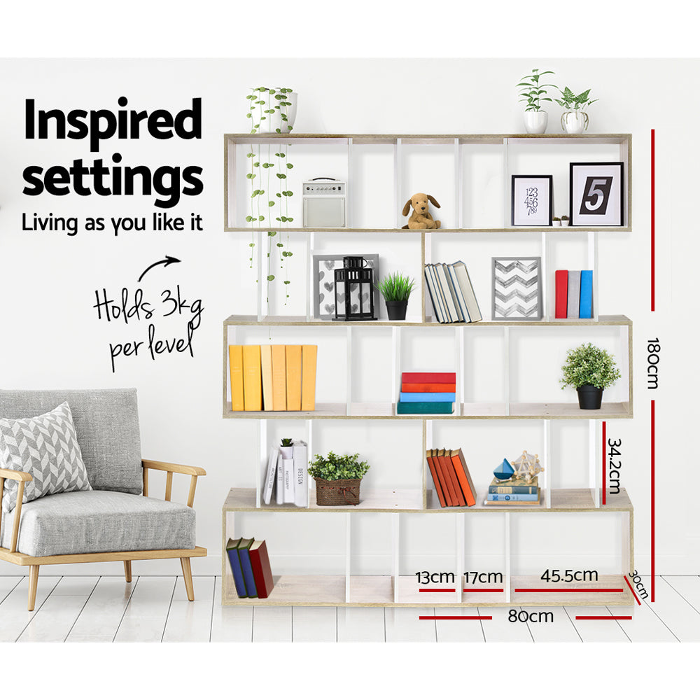 Oak and white S-shaped 5-tier shelf with books and plants showing dimensions 180cm tall, 80cm wide; holds 3kg per level