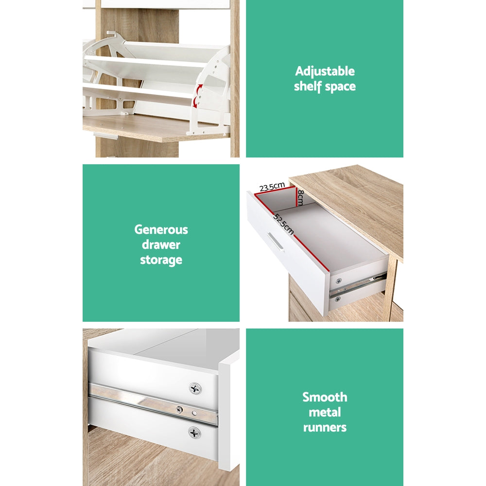 Oak white shoe cabinet features infographic showing adjustable shelf flip-down mechanism drawer dimensions and metal runners