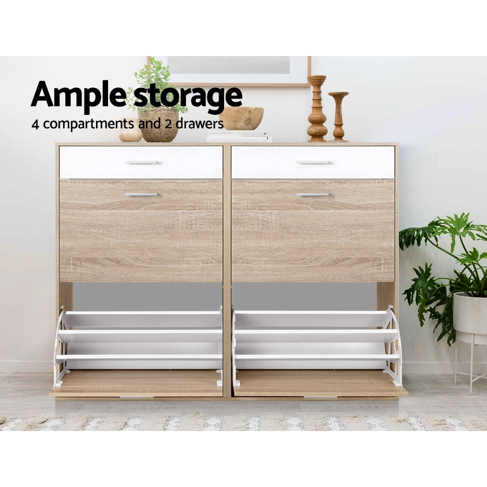 Two oak and white shoe cabinets in living room with flip-down doors open labelled ample storage